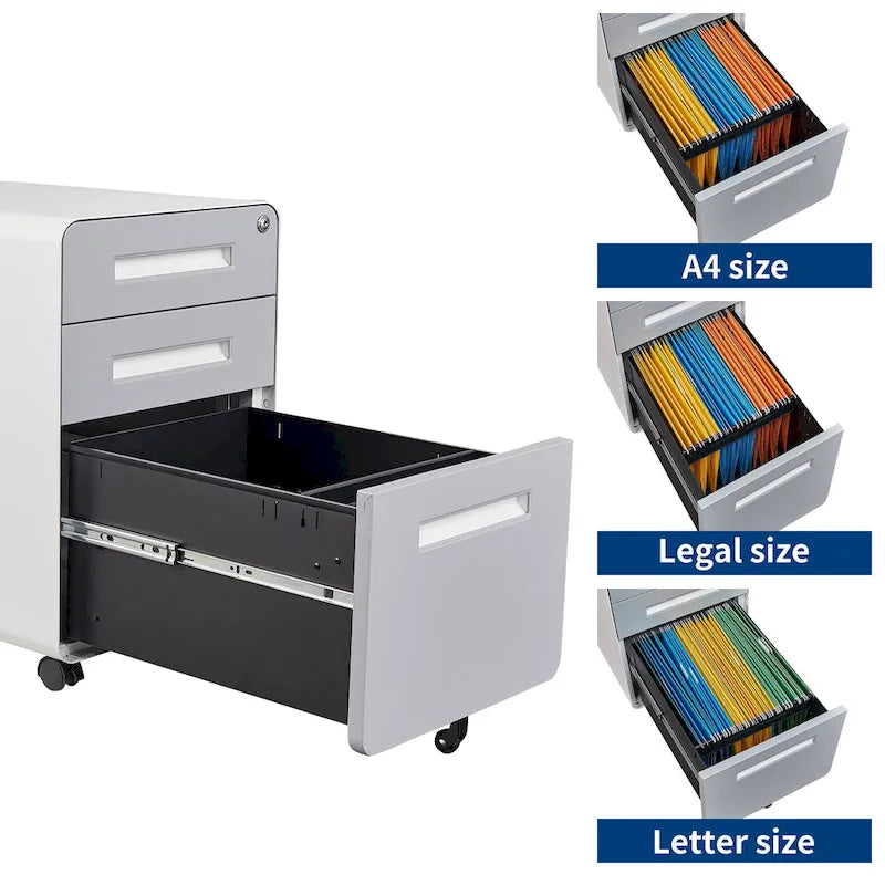Caisson de classement mobile 3 tiroirs en acier blanc/noir/gris/bleu avec serrure et 5 roulettes – Simple