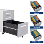 Caisson de classement mobile 3 tiroirs en acier blanc/noir/gris/bleu avec serrure et 5 roulettes – Simple