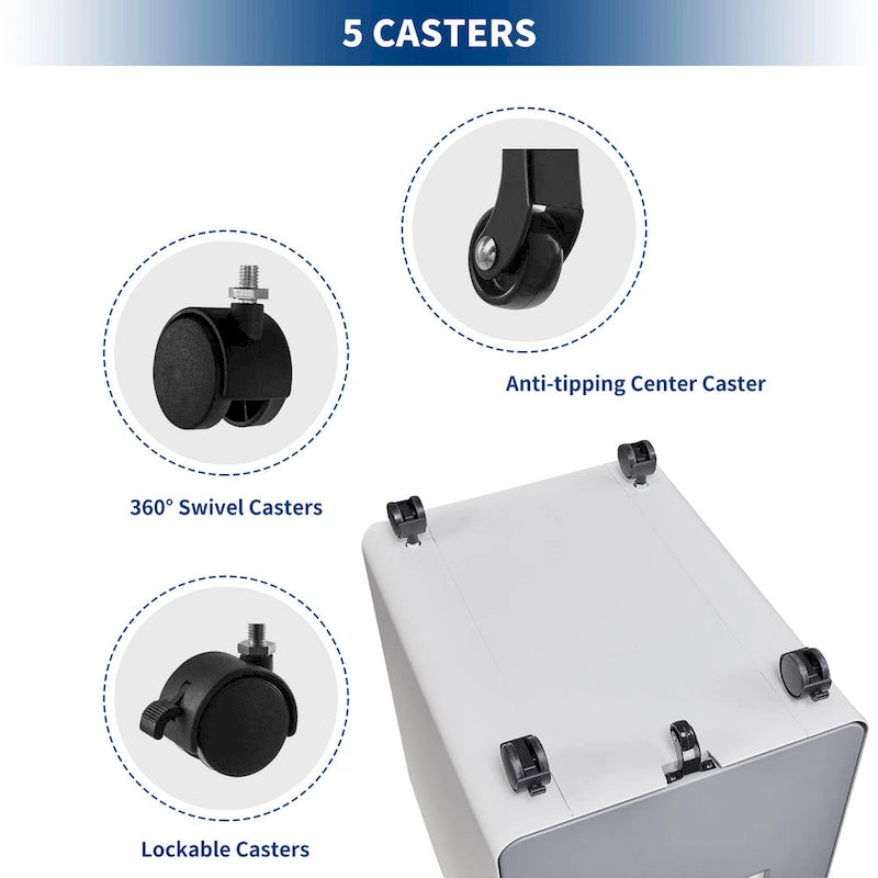 Caisson de classement mobile 3 tiroirs en acier blanc/noir/gris/bleu avec serrure et 5 roulettes – Simple