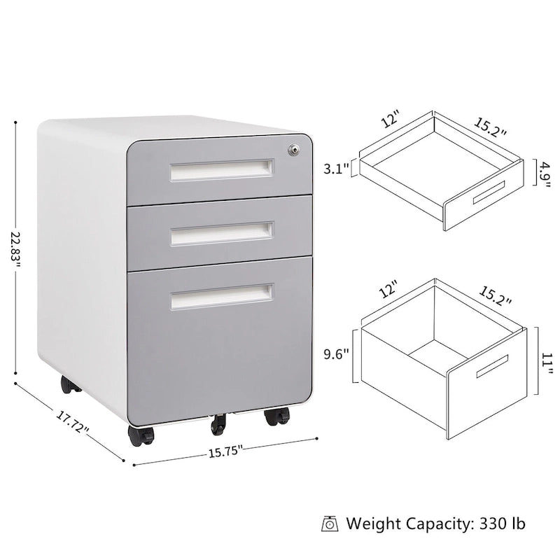 Caisson de classement mobile 3 tiroirs en acier blanc/noir/gris/bleu avec serrure et 5 roulettes – Simple