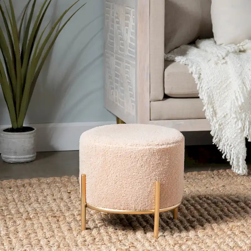 Tabouret rond rembourré en sherpa crème avec pieds en métal doré – Vendu à l'unité