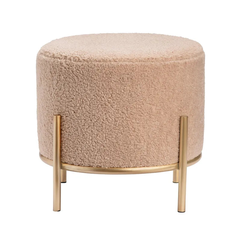 Tabouret rond rembourré en sherpa crème avec pieds en métal doré – Vendu à l'unité