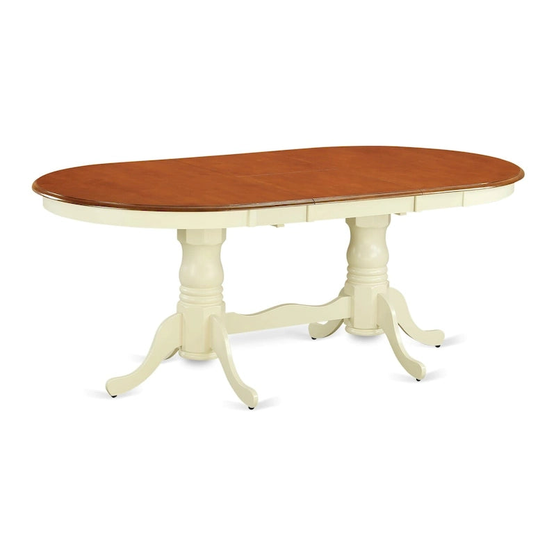 Table à manger ovale extensible 6 places avec double piédestal et rallonge papillon, coloris babeurre et cerisier / marron selle / noir et cerisier