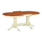 Table à manger ovale extensible 6 places avec double piédestal et rallonge papillon, coloris babeurre et cerisier / marron selle / noir et cerisier