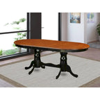 Table à manger ovale extensible 6 places avec double piédestal et rallonge papillon, coloris babeurre et cerisier / marron selle / noir et cerisier