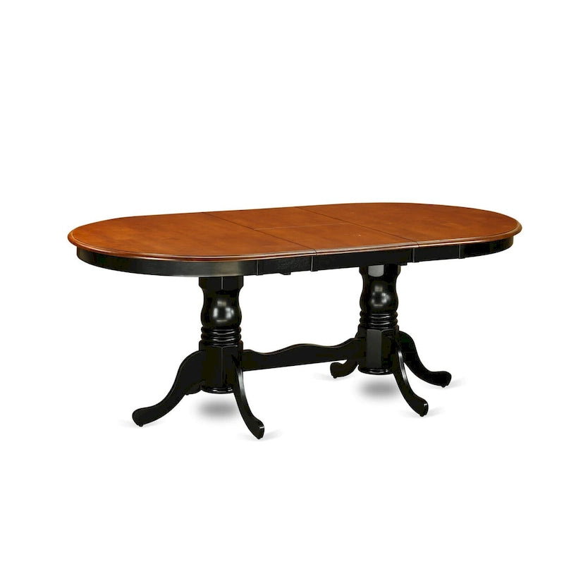 Table à manger ovale extensible 6 places avec double piédestal et rallonge papillon, coloris babeurre et cerisier / marron selle / noir et cerisier
