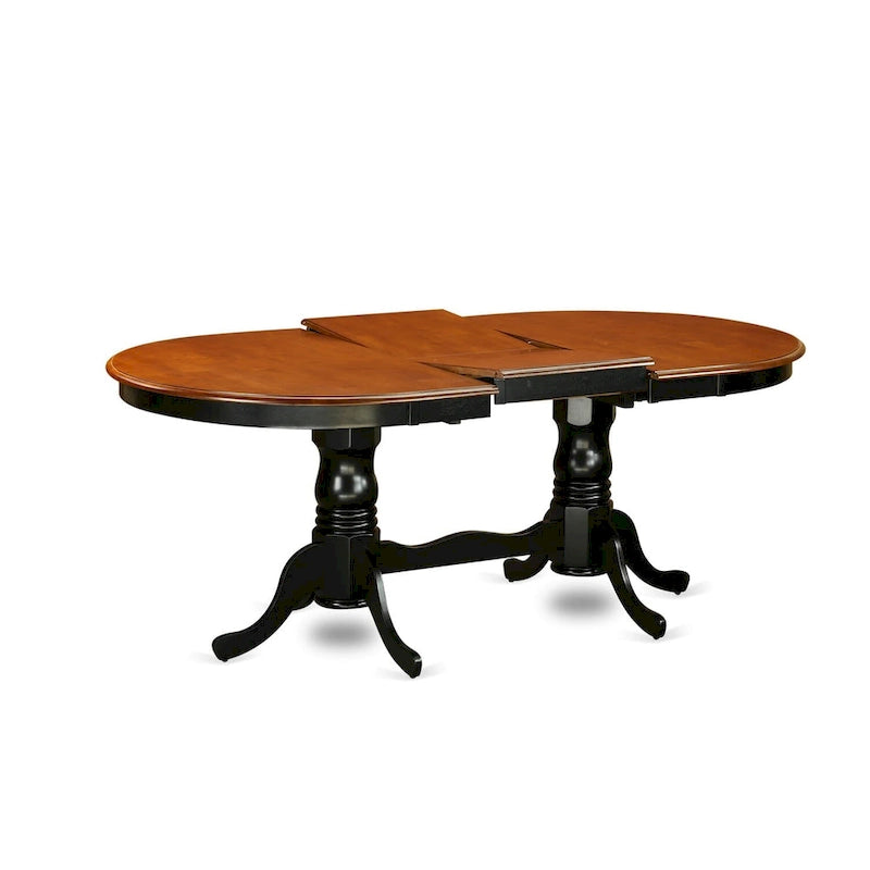 Table à manger ovale extensible 6 places avec double piédestal et rallonge papillon, coloris babeurre et cerisier / marron selle / noir et cerisier