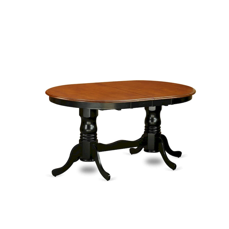 Table à manger ovale extensible 6 places avec double piédestal et rallonge papillon, coloris babeurre et cerisier / marron selle / noir et cerisier