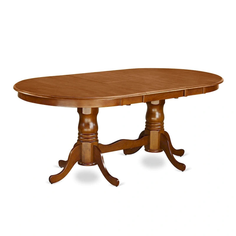 Table à manger ovale extensible 6 places avec double piédestal et rallonge papillon, coloris babeurre et cerisier / marron selle / noir et cerisier