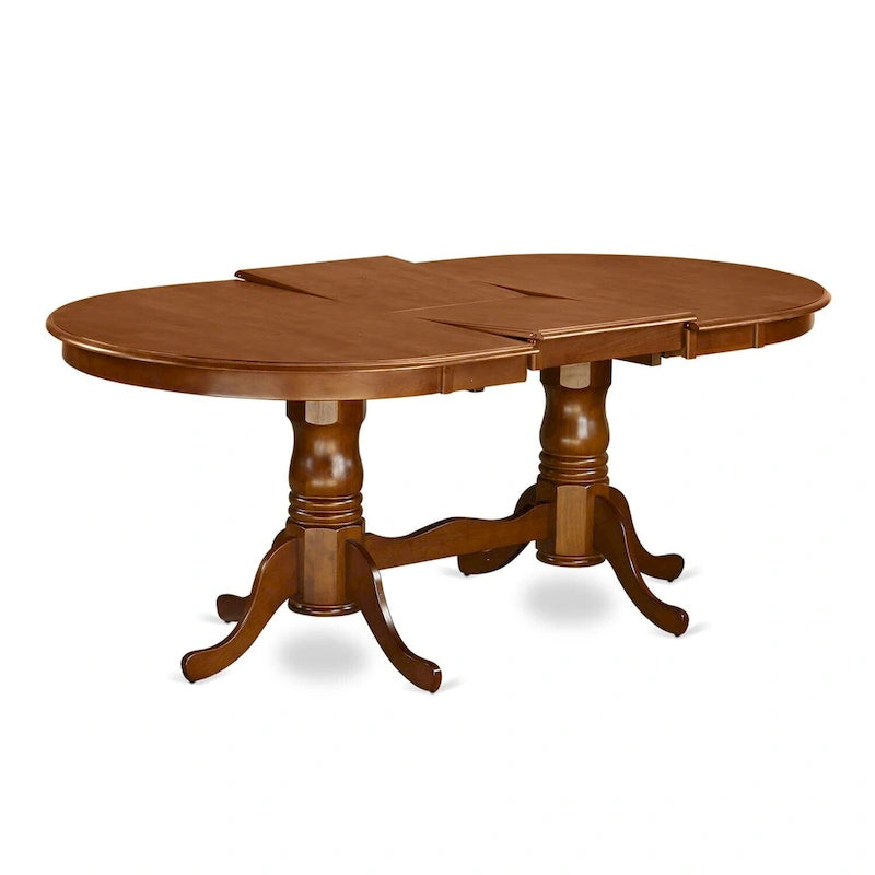 Table à manger ovale extensible 6 places avec double piédestal et rallonge papillon, coloris babeurre et cerisier / marron selle / noir et cerisier