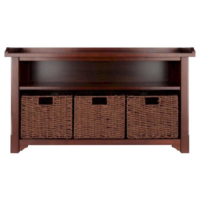 Banc de rangement en bois espresso avec étagère ouverte et 3 paniers tressés pliables – Simple