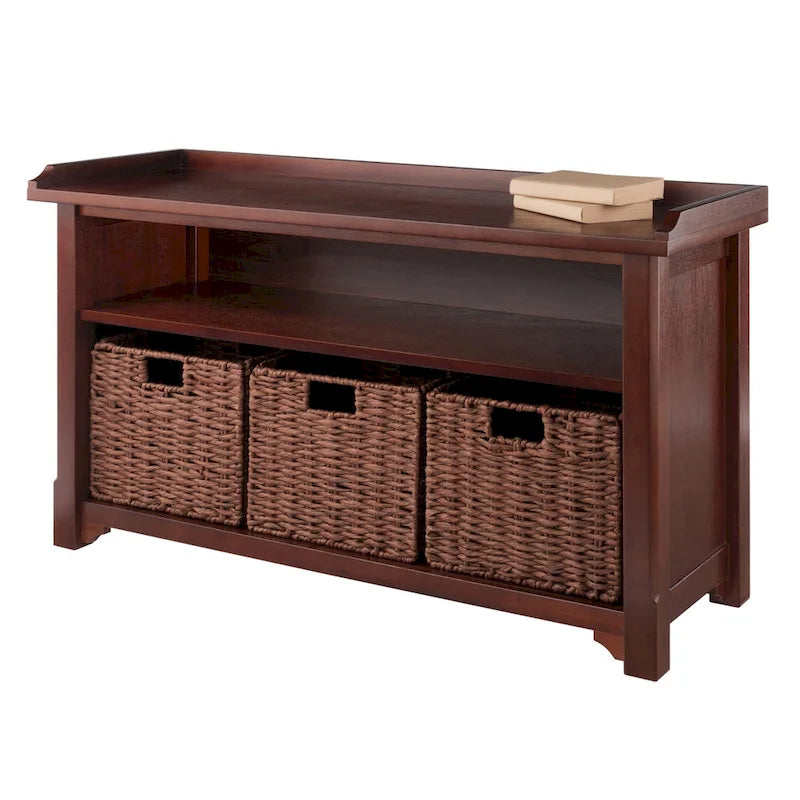 Banc de rangement en bois espresso avec étagère ouverte et 3 paniers tressés pliables – Simple