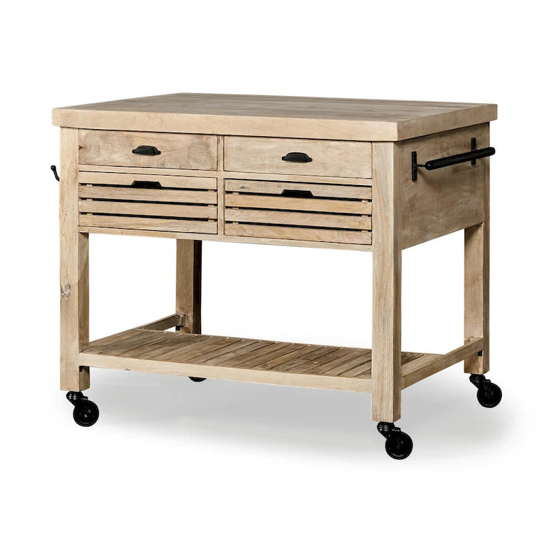 Columbia II Light Brown Base w/Black Iron, Rolling Kitchen Island - 46 W x 32 D x 36 H