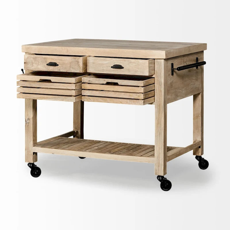 Îlot de cuisine roulant portable en bois de manguier marron avec quincaillerie en fer noir et 4 tiroirs – Simple