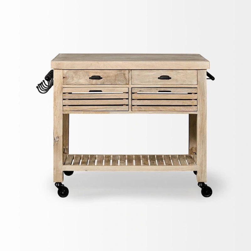 Îlot de cuisine roulant portable en bois de manguier marron avec quincaillerie en fer noir et 4 tiroirs – Simple