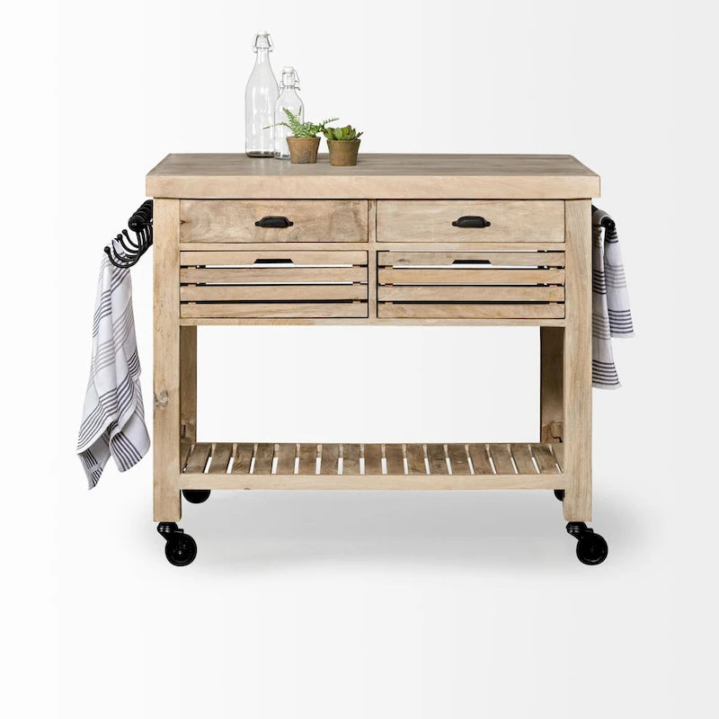 Îlot de cuisine roulant portable en bois de manguier marron avec quincaillerie en fer noir et 4 tiroirs – Simple