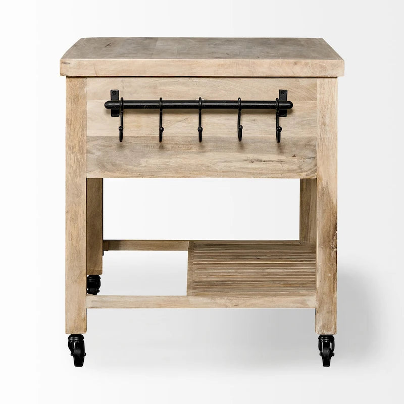 Îlot de cuisine roulant portable en bois de manguier marron avec quincaillerie en fer noir et 4 tiroirs – Simple