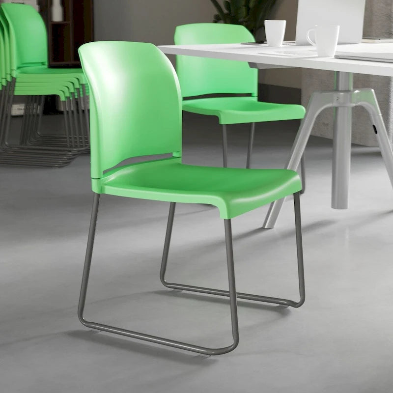 Chaise empilable en polypropylène orange/noir/bourgogne/marine/jaune/gris/bleu/vert avec piétement luge en acier thermolaqué – Unité