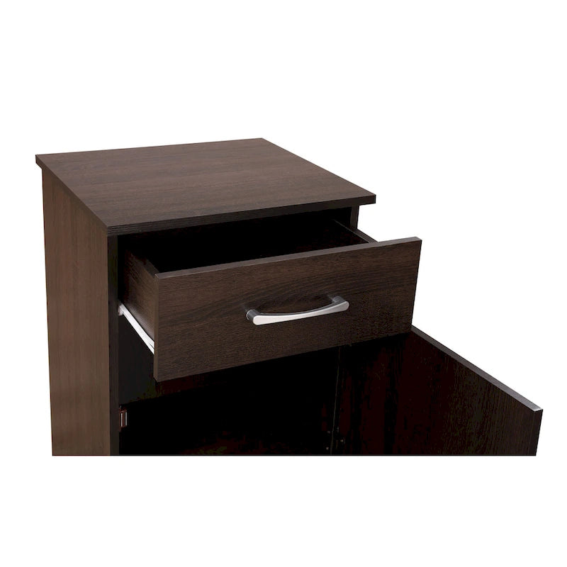 Table de chevet en bois wengé/gris/santal avec 1 tiroir et placard fermé – Simple