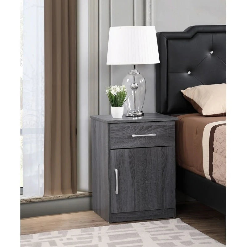 Table de chevet en bois wengé/gris/santal avec 1 tiroir et placard fermé – Simple