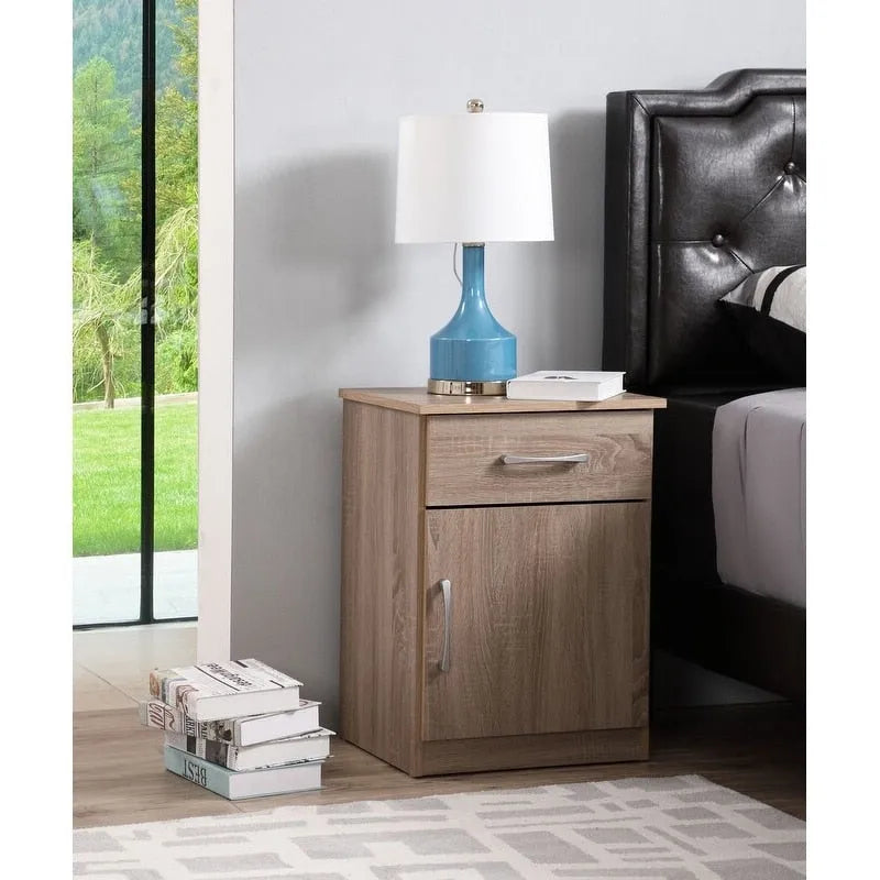 Table de chevet en bois wengé/gris/santal avec 1 tiroir et placard fermé – Simple