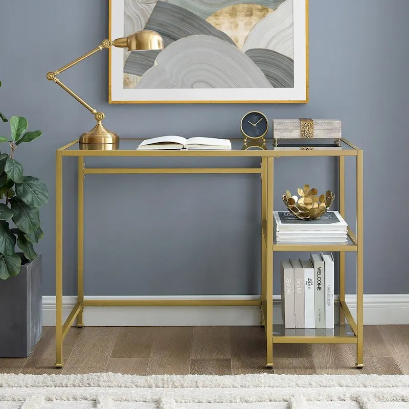 Bureau et coiffeuse en verre trempé à structure en acier doré – Simple
