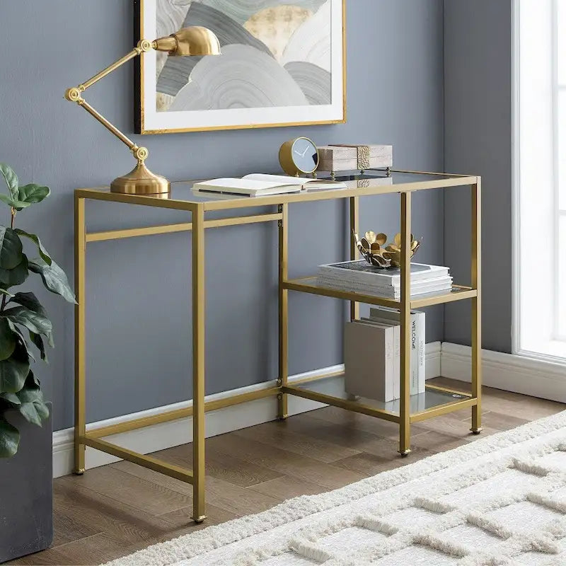 Bureau et coiffeuse en verre trempé à structure en acier doré – Simple