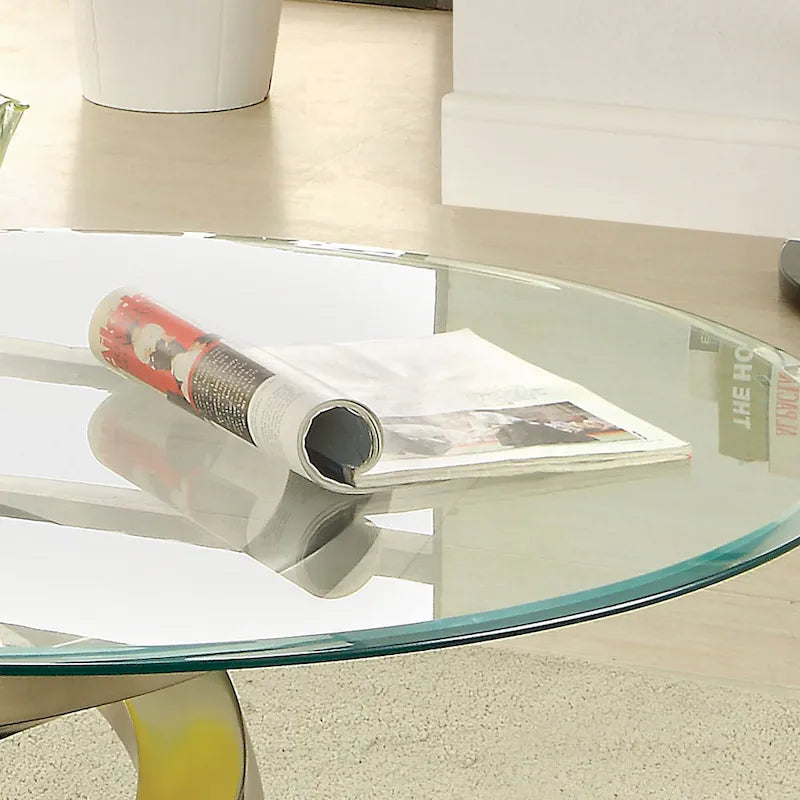 Table basse ronde en métal satiné et verre trempé avec piédestal à double hélice – Individuel