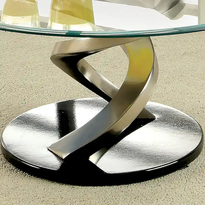 Table basse ronde en métal satiné et verre trempé avec piédestal à double hélice – Individuel