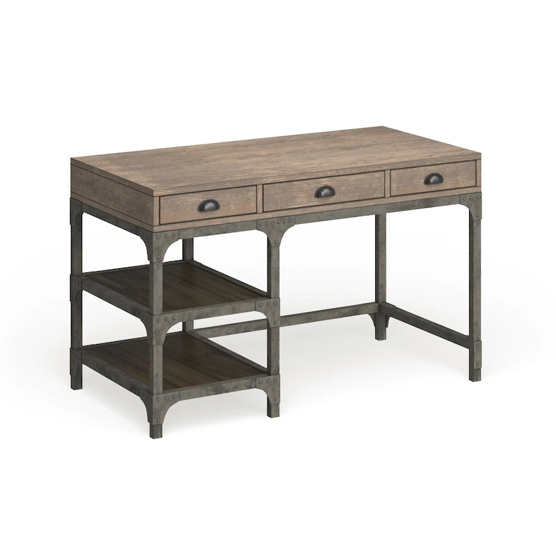 Bureau en chêne vieilli et argent antique avec 3 tiroirs et étagère à 2 niveaux – Simple