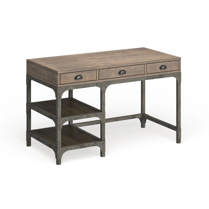 Bureau en chêne vieilli et argent antique avec 3 tiroirs et étagère à 2 niveaux – Simple