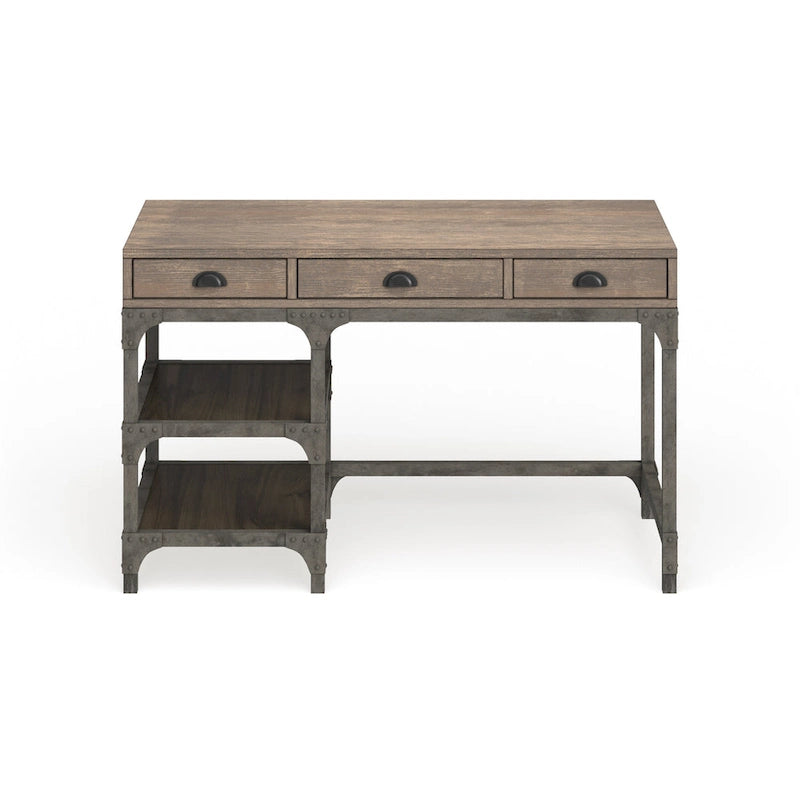 Bureau en chêne vieilli et argent antique avec 3 tiroirs et étagère à 2 niveaux – Simple