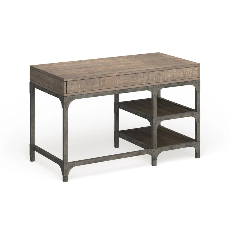 Bureau en chêne vieilli et argent antique avec 3 tiroirs et étagère à 2 niveaux – Simple