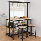 Table îlot de cuisine naturelle/marron/beige avec étagères à 3 niveaux, 5 crochets et 4 prises électriques – 4 places