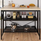 Table îlot de cuisine naturelle/marron/beige avec étagères à 3 niveaux, 5 crochets et 4 prises électriques – 4 places