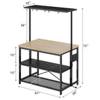 Table îlot de cuisine naturelle/marron/beige avec étagères à 3 niveaux, 5 crochets et 4 prises électriques – 4 places