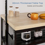 Table îlot de cuisine naturelle/marron/beige avec étagères à 3 niveaux, 5 crochets et 4 prises électriques – 4 places
