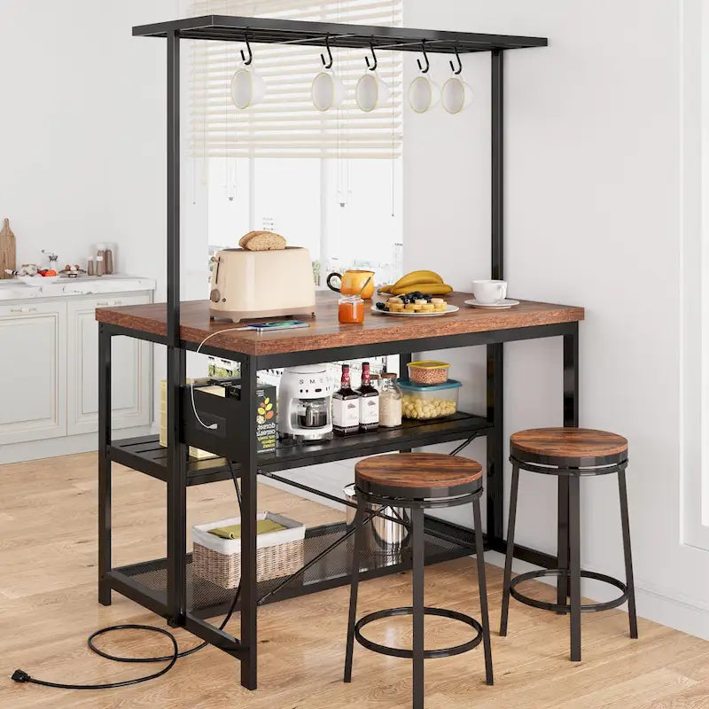 Table îlot de cuisine naturelle/marron/beige avec étagères à 3 niveaux, 5 crochets et 4 prises électriques – 4 places