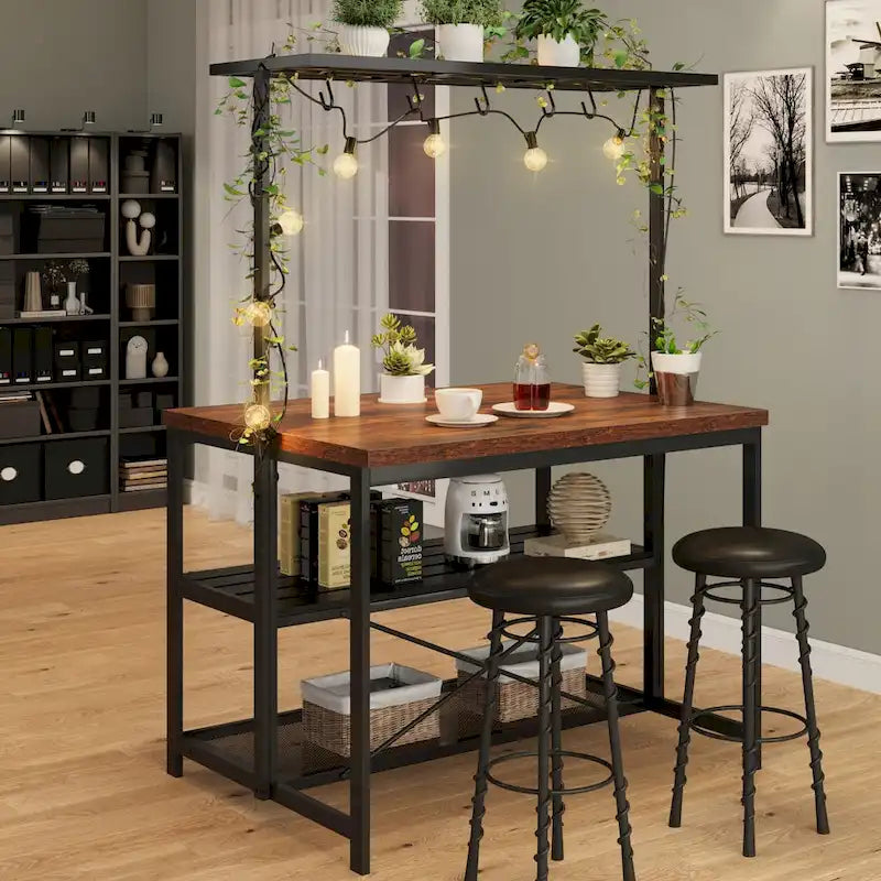 Table îlot de cuisine naturelle/marron/beige avec étagères à 3 niveaux, 5 crochets et 4 prises électriques – 4 places