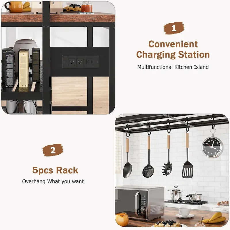 Table îlot de cuisine naturelle/marron/beige avec étagères à 3 niveaux, 5 crochets et 4 prises électriques – 4 places