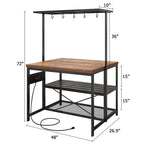 Table îlot de cuisine naturelle/marron/beige avec étagères à 3 niveaux, 5 crochets et 4 prises électriques – 4 places