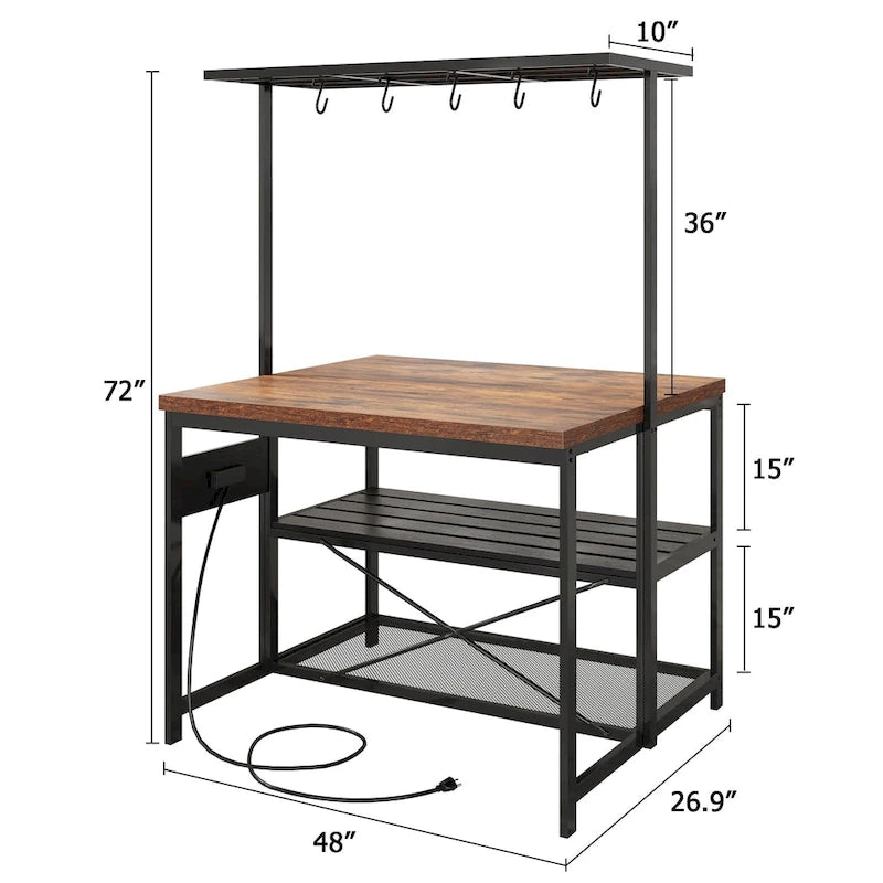 Table îlot de cuisine naturelle/marron/beige avec étagères à 3 niveaux, 5 crochets et 4 prises électriques – 4 places