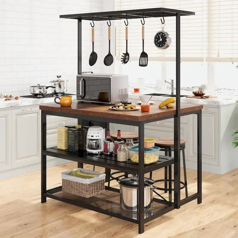 Table îlot de cuisine naturelle/marron/beige avec étagères à 3 niveaux, 5 crochets et 4 prises électriques – 4 places