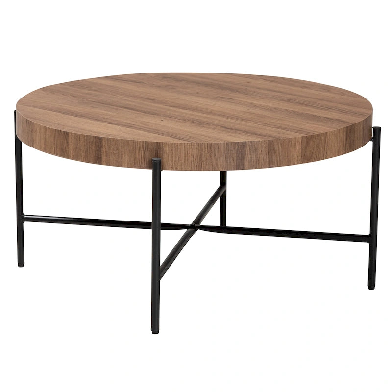 Table basse industrielle ronde noyer brun et noir avec base en métal entrecroisé – Unique