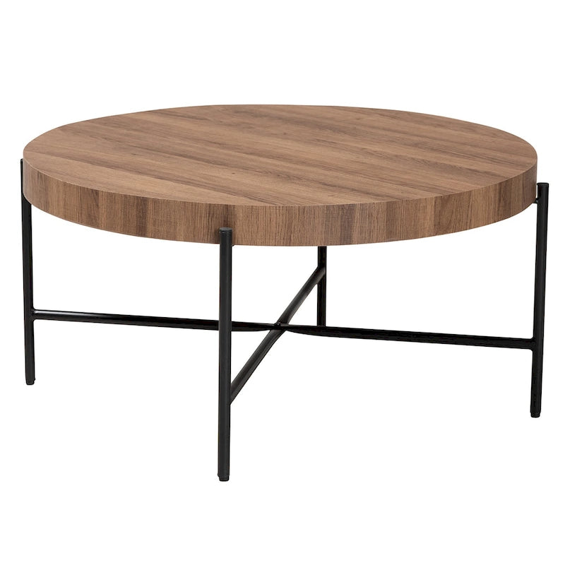 Table basse industrielle ronde noyer brun et noir avec base en métal entrecroisé – Unique