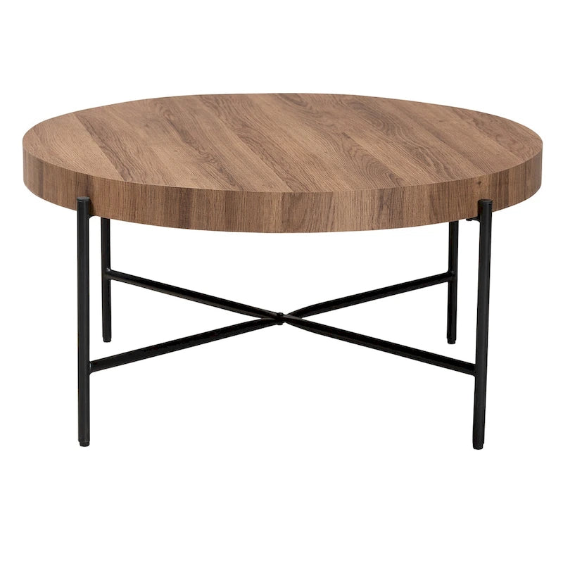 Table basse industrielle ronde noyer brun et noir avec base en métal entrecroisé – Unique