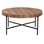 Table basse industrielle ronde noyer brun et noir avec base en métal entrecroisé – Unique