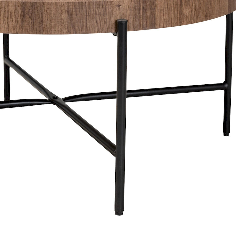 Table basse industrielle ronde noyer brun et noir avec base en métal entrecroisé – Unique