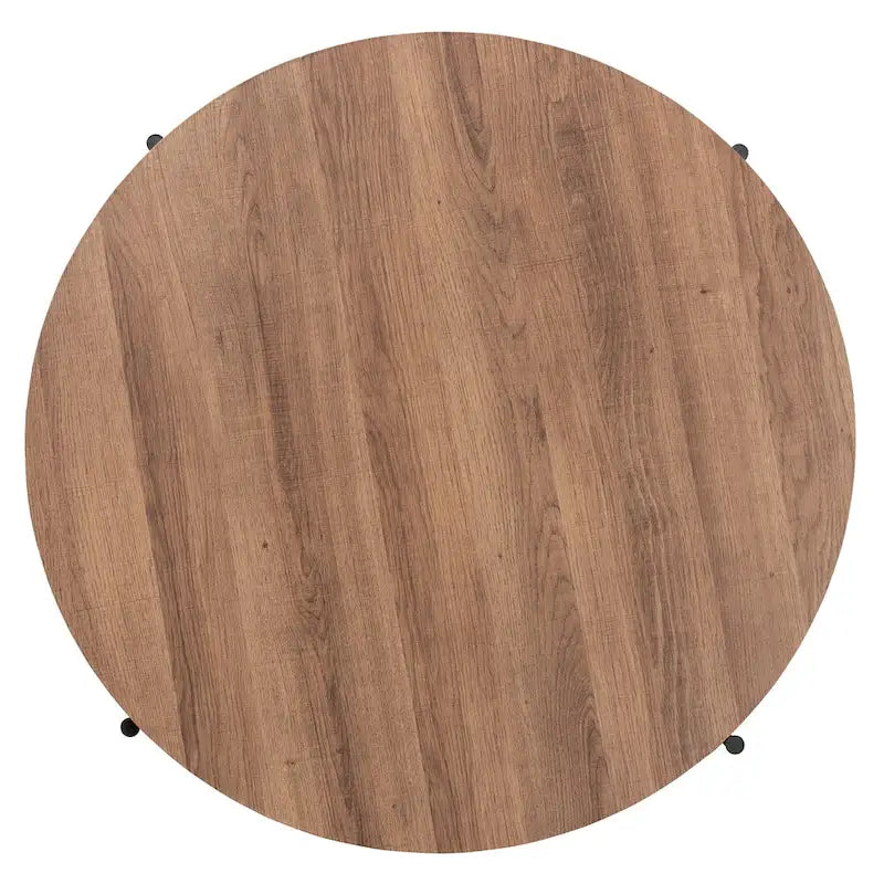 Table basse industrielle ronde noyer brun et noir avec base en métal entrecroisé – Unique