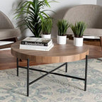 Table basse industrielle ronde noyer brun et noir avec base en métal entrecroisé – Unique